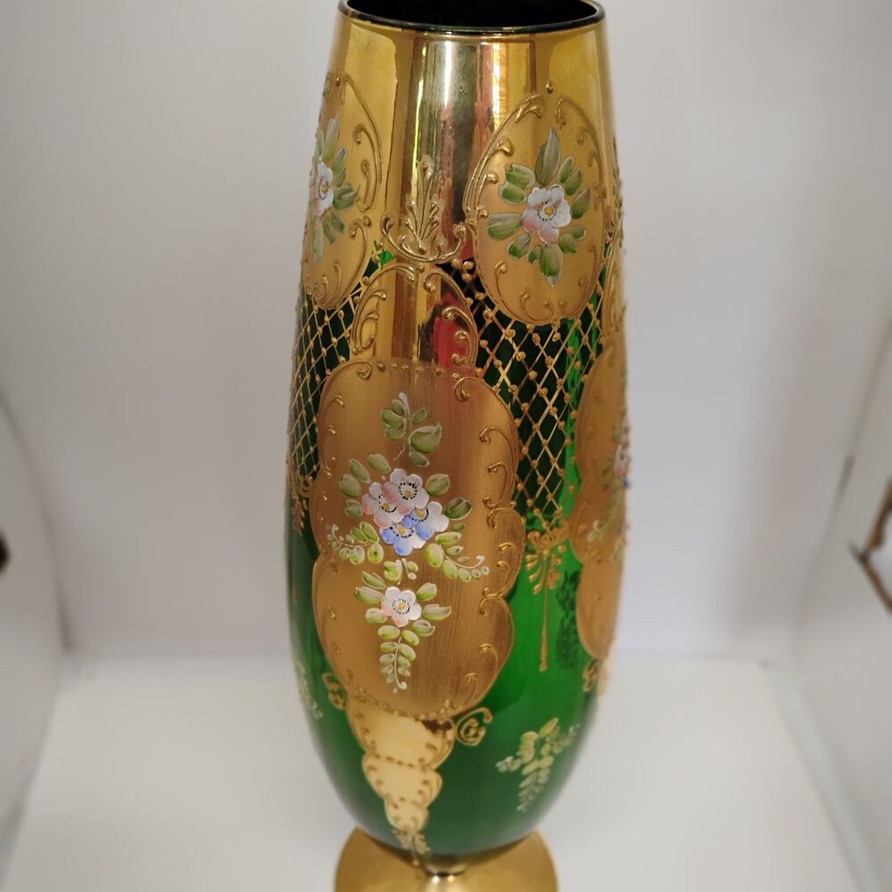 18” Handmade Italian Decorative Vase – Green & Gold Bohemian Glass-hand painted